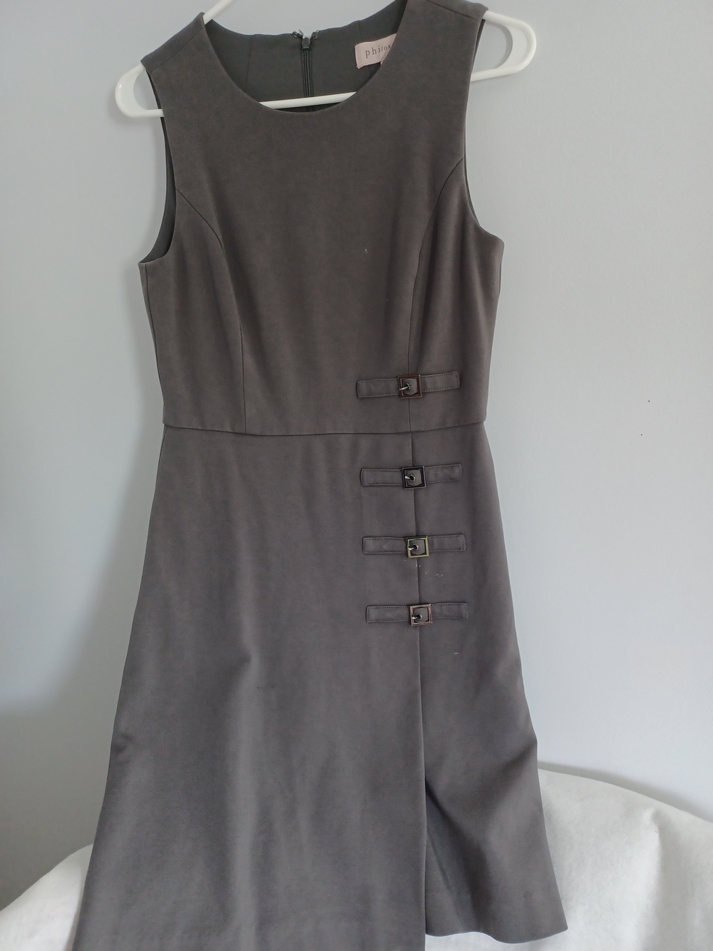 Philosophy Charcoal Gray Sleeveless Midi Sheath Dress with Buckle Details